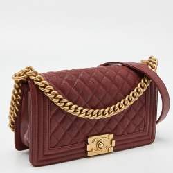 Pre Owned Chanel Maroon Quilted Caviar Leather Medium Boy Flap Bag