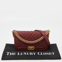 Pre Owned Chanel Maroon Quilted Caviar Leather Medium Boy Flap Bag