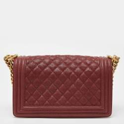 Pre Owned Chanel Maroon Quilted Caviar Leather Medium Boy Flap Bag