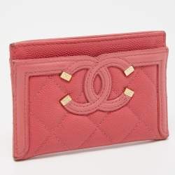 Pre Owned Chanel Pink Quilted Caviar Leather CC Filigree Card Holder 