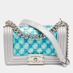 Pre Owned Chanel Silver/Blue PVC and Leather Small Water Boy Flap Bag