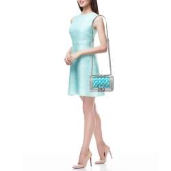 Pre Owned Chanel Silver/Blue PVC and Leather Small Water Boy Flap Bag