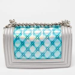 Pre Owned Chanel Silver/Blue PVC and Leather Small Water Boy Flap Bag