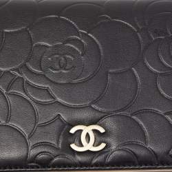 Chanel Black Camellia Leather CC Bifold Long Wallet