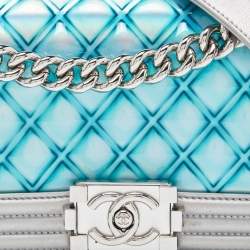 Pre Owned Chanel Silver/Blue PVC and Leather Small Water Boy Flap Bag