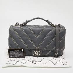 Pre Owned Chanel Grey Chevron Stitched Leather CC Top Handle Flap Bag
