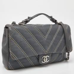 Pre Owned Chanel Grey Chevron Stitched Leather CC Top Handle Flap Bag