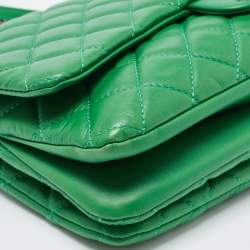 Pre Owned Chanel Green Quilted Leather 3 Compartment Classic Flap Bag