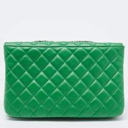 Pre Owned Chanel Green Quilted Leather 3 Compartment Classic Flap Bag
