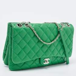 Pre Owned Chanel Green Quilted Leather 3 Compartment Classic Flap Bag