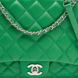 Pre Owned Chanel Green Quilted Leather 3 Compartment Classic Flap Bag