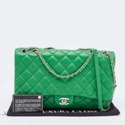 Pre Owned Chanel Green Quilted Leather 3 Compartment Classic Flap Bag