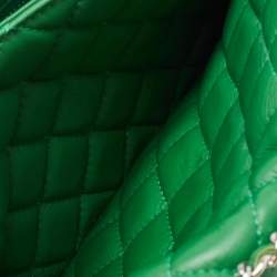 Pre Owned Chanel Green Quilted Leather 3 Compartment Classic Flap Bag