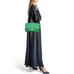 Pre Owned Chanel Green Quilted Leather 3 Compartment Classic Flap Bag