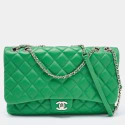 Pre Owned Chanel Green Quilted Leather 3 Compartment Classic Flap Bag