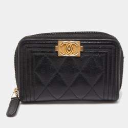 Chanel Black Quilted Caviar Leather Boy Zip Around Coin Purse