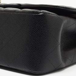 Pre Owned Chanel Black Quilted Caviar Leather Jumbo Classic Double Flap Bag