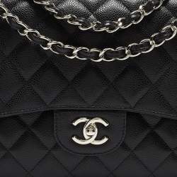 Pre Owned Chanel Black Quilted Caviar Leather Jumbo Classic Double Flap Bag