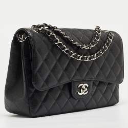 Pre Owned Chanel Black Quilted Caviar Leather Jumbo Classic Double Flap Bag