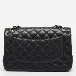 Pre Owned Chanel Black Quilted Caviar Leather Jumbo Classic Double Flap Bag
