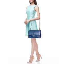Pre Owned Chanel Blue Python Jumbo Classic Double Flap Bag