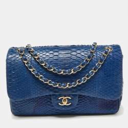 Pre Owned Chanel Blue Python Jumbo Classic Double Flap Bag