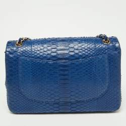 Pre Owned Chanel Blue Python Jumbo Classic Double Flap Bag