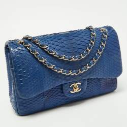 Pre Owned Chanel Blue Python Jumbo Classic Double Flap Bag