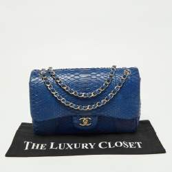 Pre Owned Chanel Blue Python Jumbo Classic Double Flap Bag