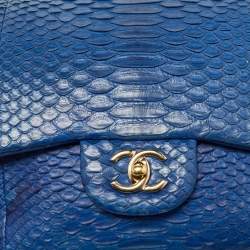 Pre Owned Chanel Blue Python Jumbo Classic Double Flap Bag