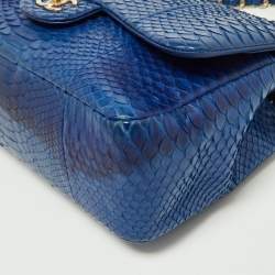 Pre Owned Chanel Blue Python Jumbo Classic Double Flap Bag