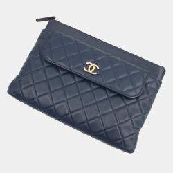 Pre Owned Chanel Navy Blue Leather New Pocket Clutch Bag 