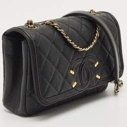 Pre Owned Chanel Black Quilted Caviar Leather Small CC Filigree Flap Bag