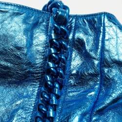 Pre Owned Chanel Metallic Blue Leather Modern Chain Tote
