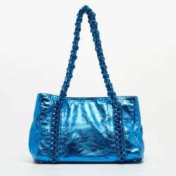 Pre Owned Chanel Metallic Blue Leather Modern Chain Tote