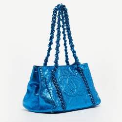Pre Owned Chanel Metallic Blue Leather Modern Chain Tote