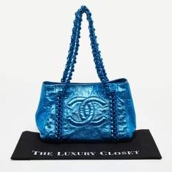 Pre Owned Chanel Metallic Blue Leather Modern Chain Tote