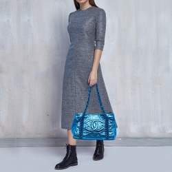 Pre Owned Chanel Metallic Blue Leather Modern Chain Tote