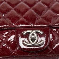 Pre Owned Chanel Red Quilted Patent Leather Mini Square Classic Flap Bag