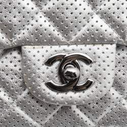 Pre Owned Chanel Silver Perforated Quilted Leather Mini CC Square Flap Bag 