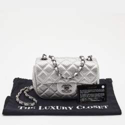 Pre Owned Chanel Silver Perforated Quilted Leather Mini CC Square Flap Bag 