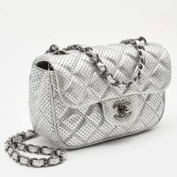 Pre Owned Chanel Silver Perforated Quilted Leather Mini CC Square Flap Bag 
