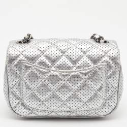 Pre Owned Chanel Silver Perforated Quilted Leather Mini CC Square Flap Bag 