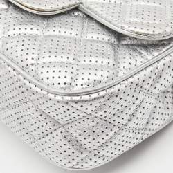 Pre Owned Chanel Silver Perforated Quilted Leather Mini CC Square Flap Bag 