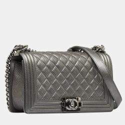 Pre Owned Chanel Silver Medium Perforated Lambskin Boy Flap