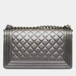 Pre Owned Chanel Silver Medium Perforated Lambskin Boy Flap