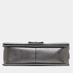 Pre Owned Chanel Silver Medium Perforated Lambskin Boy Flap