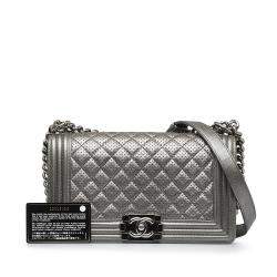 Pre Owned Chanel Silver Medium Perforated Lambskin Boy Flap