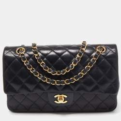 Pre Owned Chanel Black Quilted Lambskin Leather Medium Classic Double Flap Bag