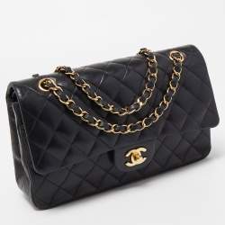 Pre Owned Chanel Black Quilted Lambskin Leather Medium Classic Double Flap Bag